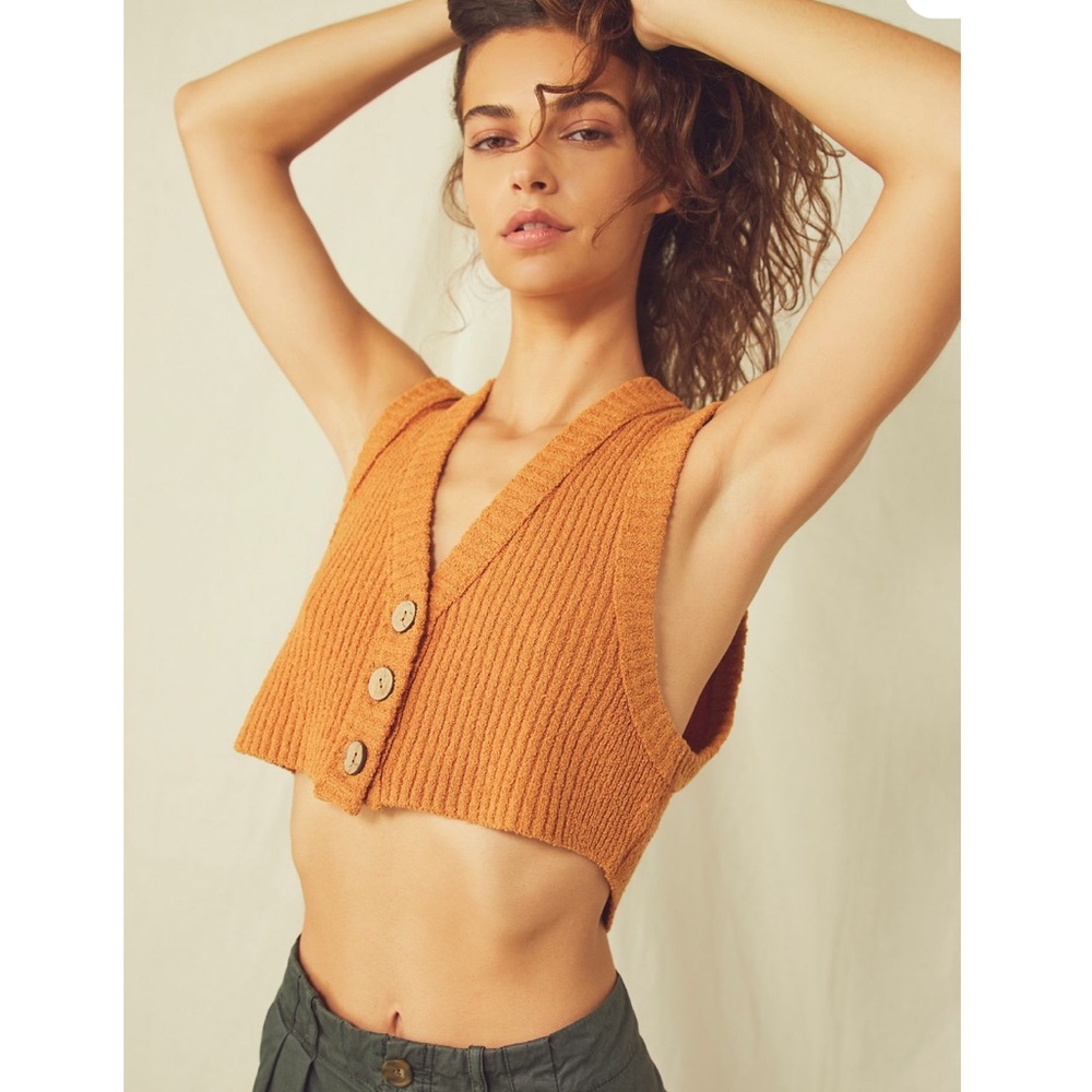 Free People Cropped Knit Mustard Gold Button Front Vest XS